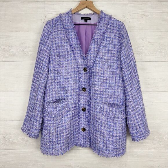 Ann Taylor Women Size 12 Fringe Tweed V Neck Cardigan Jacket Purple Button Front - Picture 1 of 16